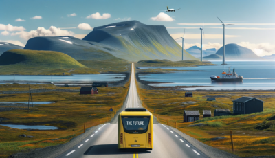 DALL·E 2024-01-03 15.05.35 – Create an image of a yellow bus driving on a road stretching ahead into a relatively desolate landscape in Finnmark, Norway. The road disappears over